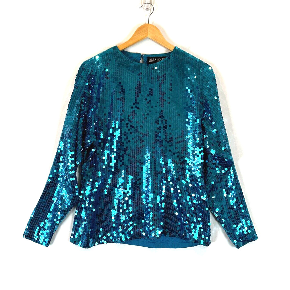 Vintage 80's Womens Della Roufogali All Over Sequin Silk Top Size Medium Disco